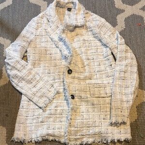 SHEIN Women's Frayed Tweed Blazer - white, black, blue